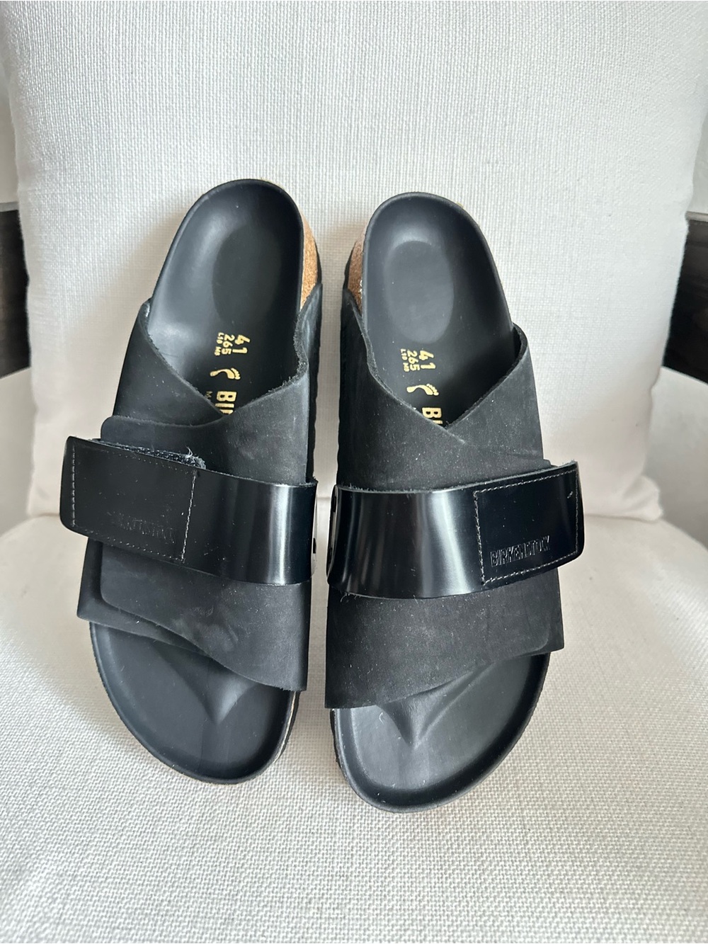 Birkenstock Black Two-Strap Slide Sandals with Gloss Buckle